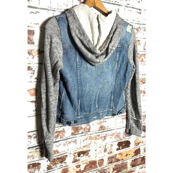 Free People Indie Wash Knit Hood & Sleeve Sweater Pure Cotton Jean Jacket - Picture 12 of 13